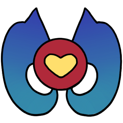 a yellow heart in a red circle. from the left and right of the circle comes an identical arrow in shades of blue, starting from the bottom of the circle and pointing to the top of it.